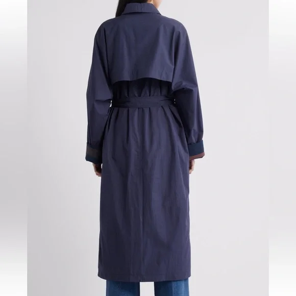 $220 NWT BERNARDO Longline Belted Rain Trench Coat jacket Navy Blue Plaid XL - Picture 2 of 5